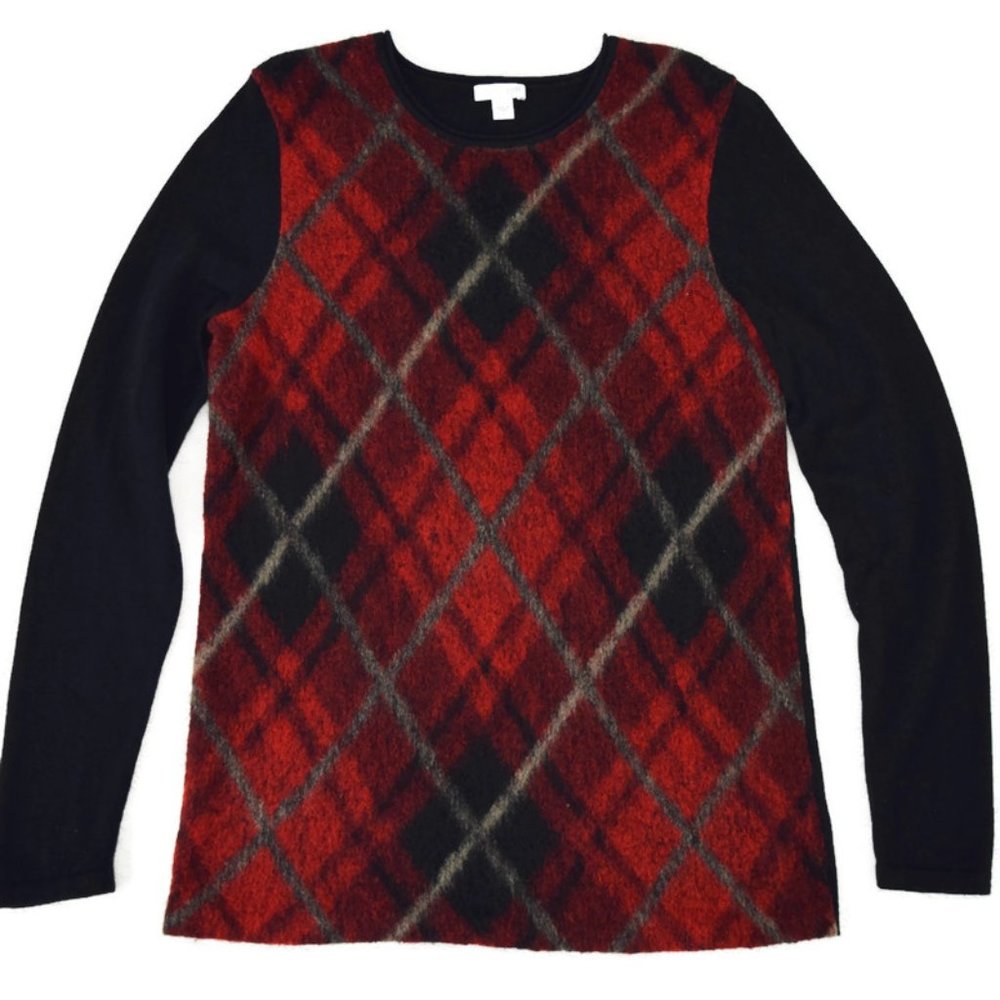 J. Jill Argyle Plaid Brushed Wool Blend Crewneck Womens Sweaters Red Black S